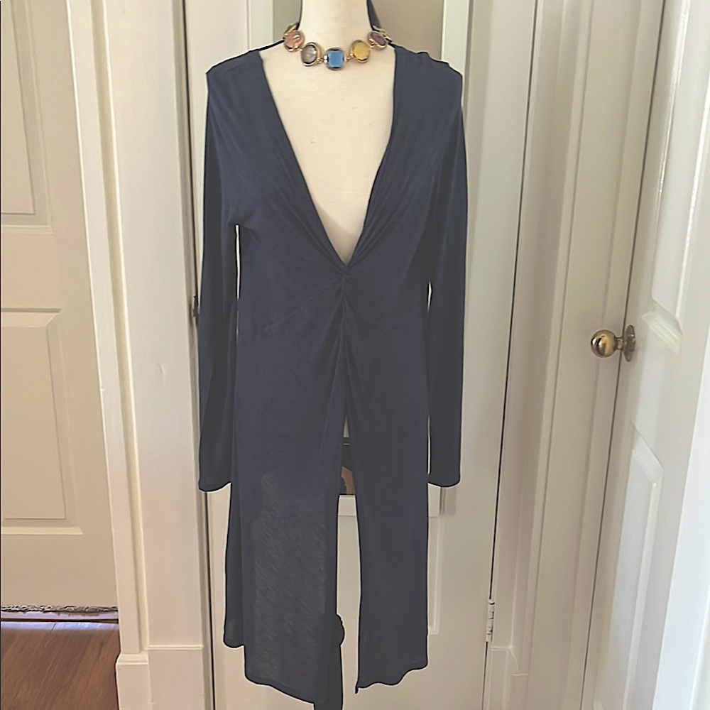 BCBG Max Azria Heather Navy Plunge Neck Long Sleeve Tunic Pullover Cotton Blend